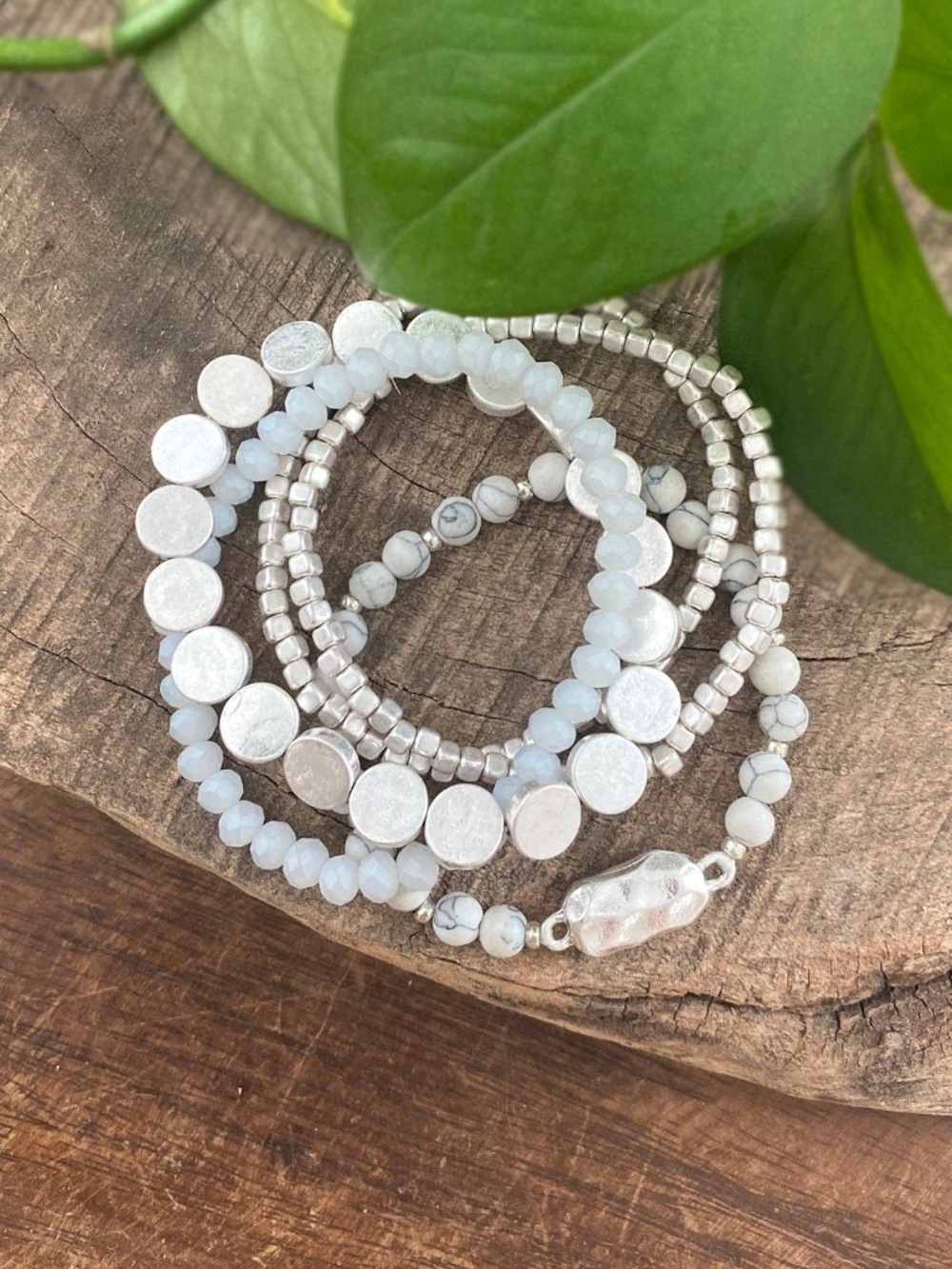 5 piece Boho Beaded Bracelets Stack Semi Precious Metal Glass
